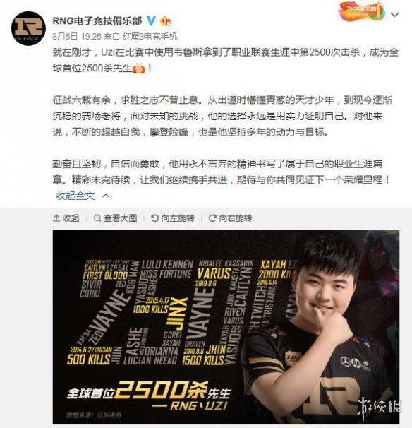 2500杀先生登场 Uzi夺得《LOL》LPL历史击杀数榜首