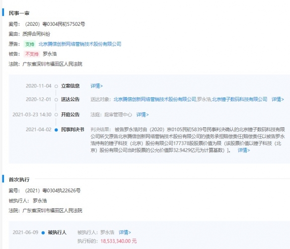 罗永浩再被强制执行超1800万 已经是今年第三次了！