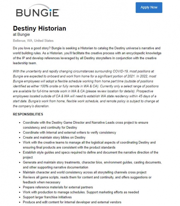 Bungie招聘命运史学家岗位 要求有编写剧本的能力！