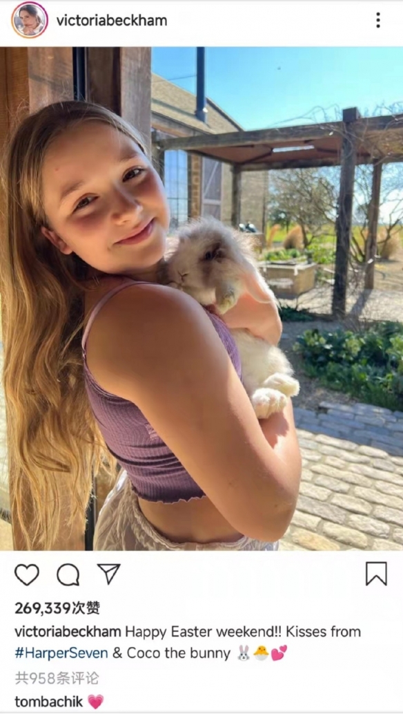 贝克汉姆小女儿哈珀手抱小兔子新照：面露可爱微笑！