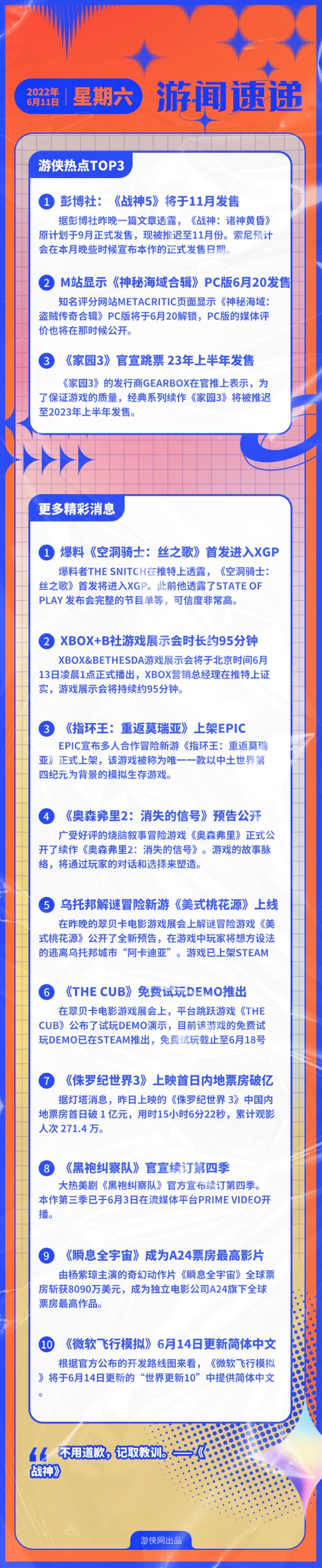 游侠早报：《战神5》或将于11月发售 《家园3》跳票
