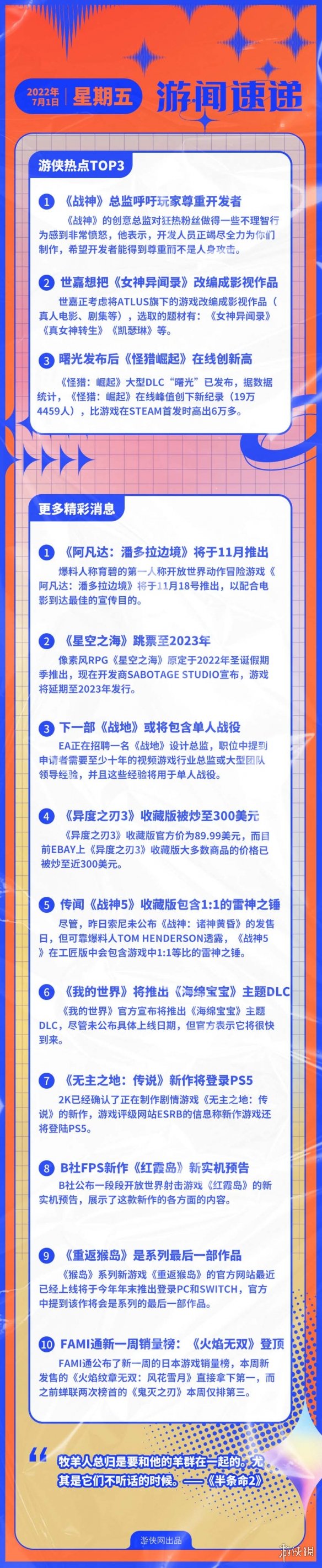 游侠早报:《战神》总监呼吁尊重开发者 星空之海跳票