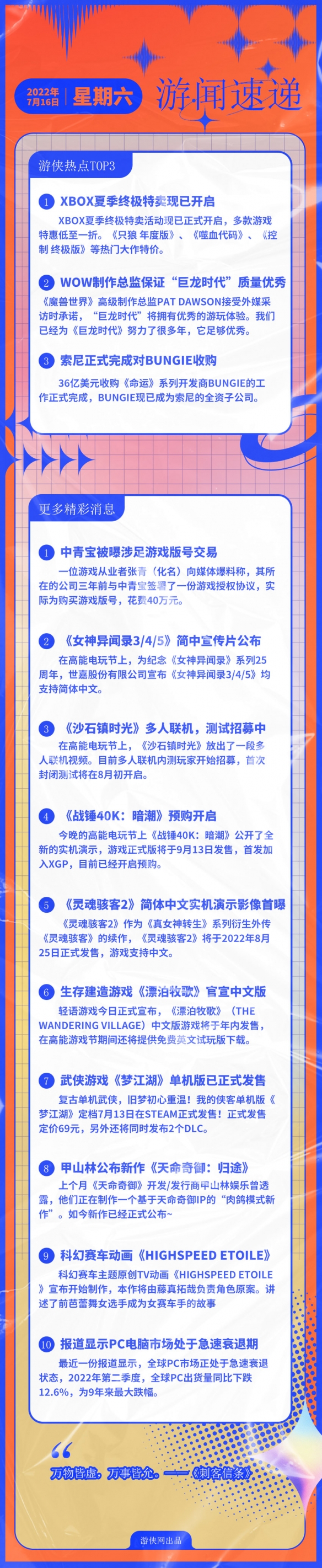 游侠早报：Xbox夏季特卖开启 高层保证WOW 10.0优秀